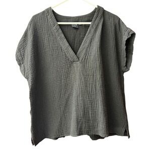 Gap V-Neck Top Women XL Black Crinkle Gauze Cotton Short Sleeve Relaxed Fit